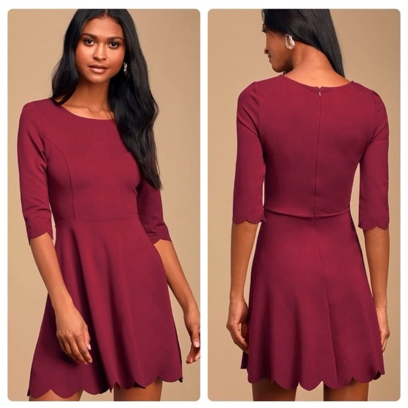 NWOT Lulu's Cumulonimbus Clouds Skater Burgundy Scalloped Hem Mini Dress Size M - Picture 5 of 14